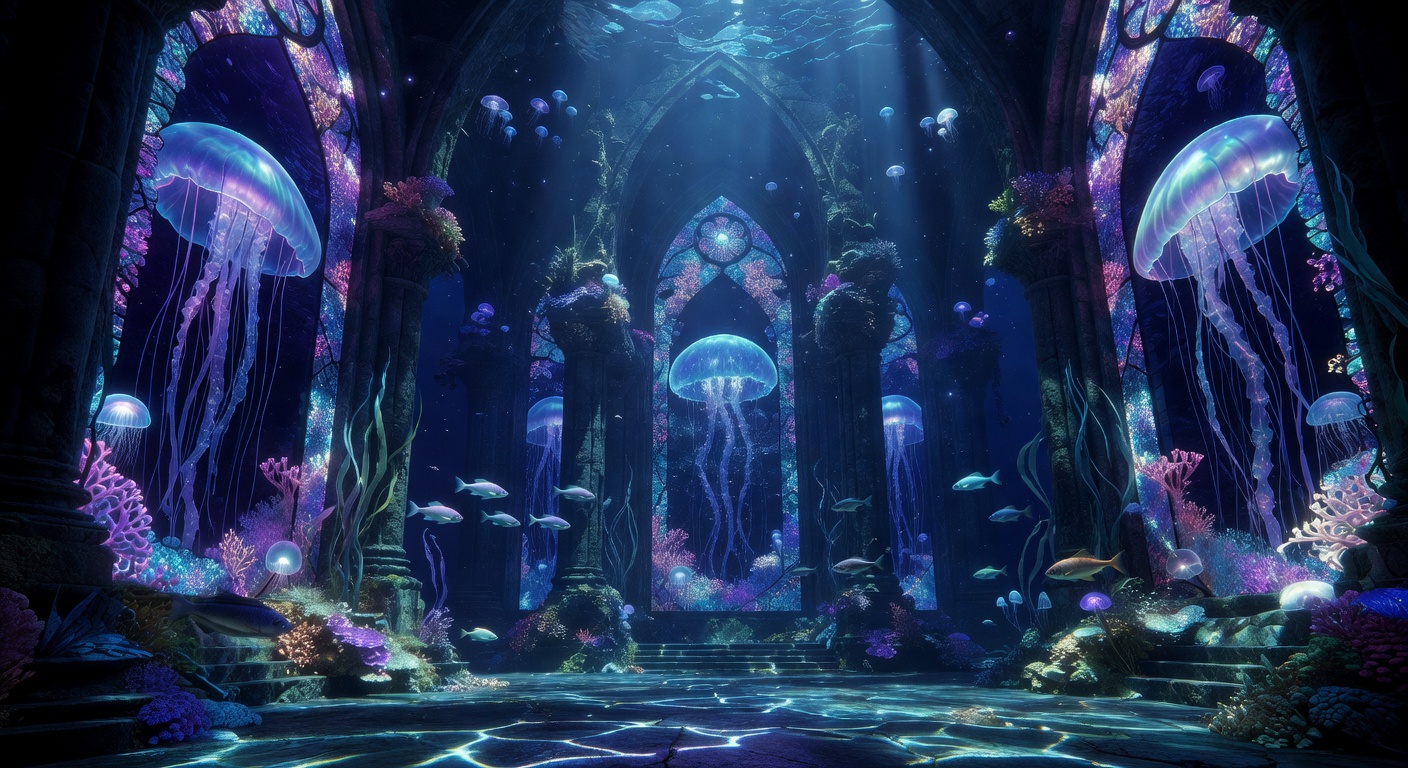Bioluminescent underwater cathedral with jellyfish stained glass