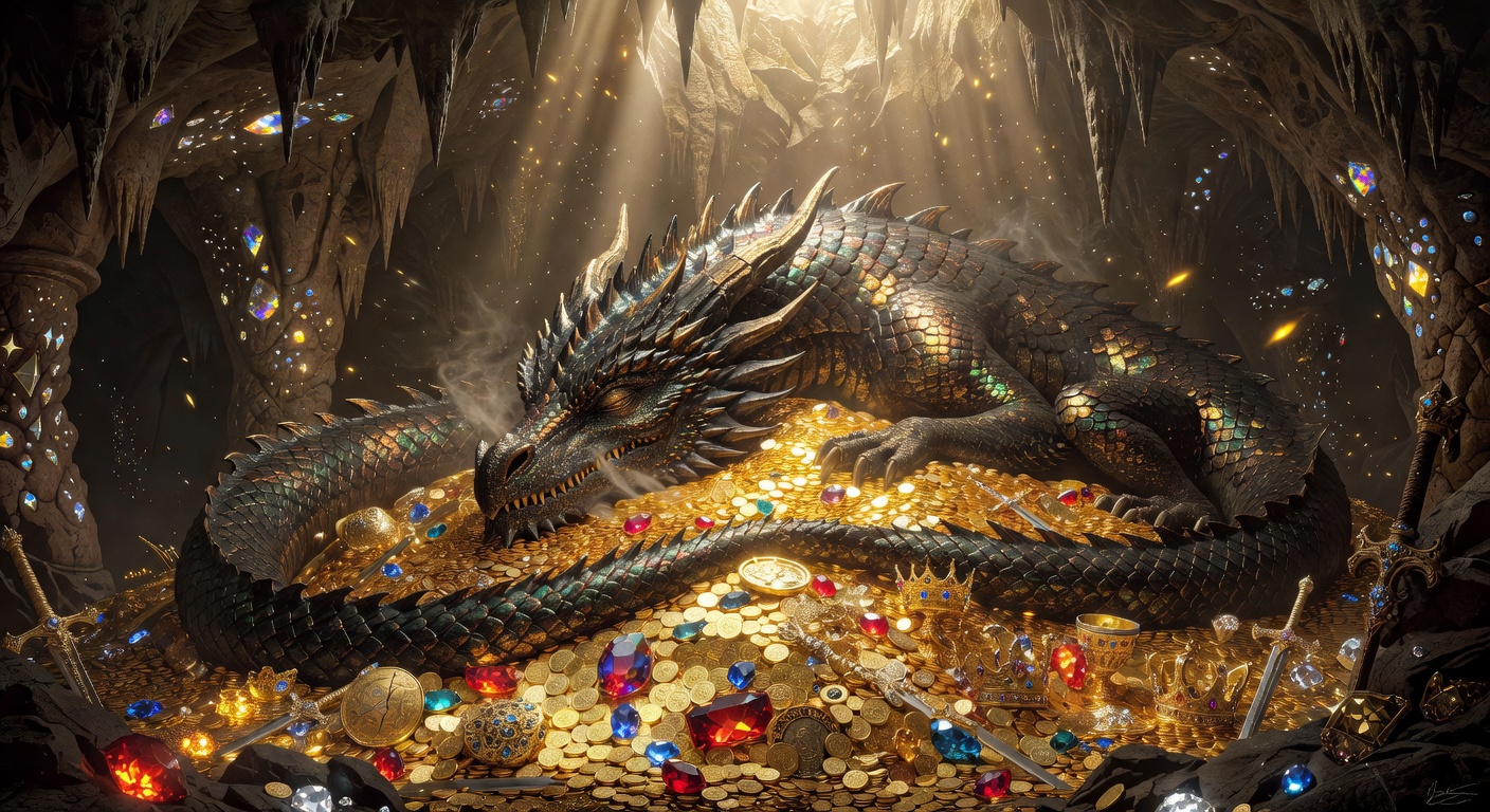Ancient dragon sleeping on a mountain of gold