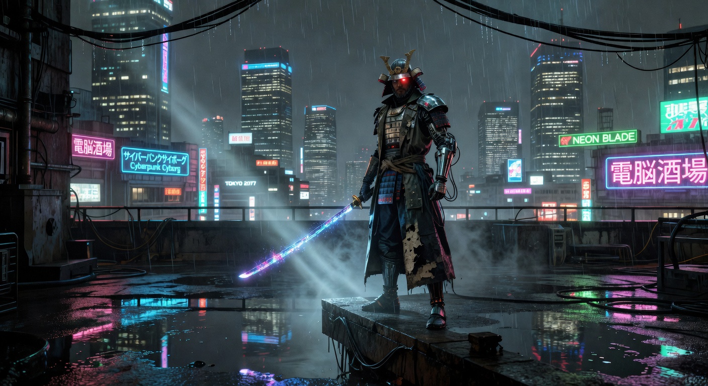 Cyberpunk samurai in neon rain, holographic katana