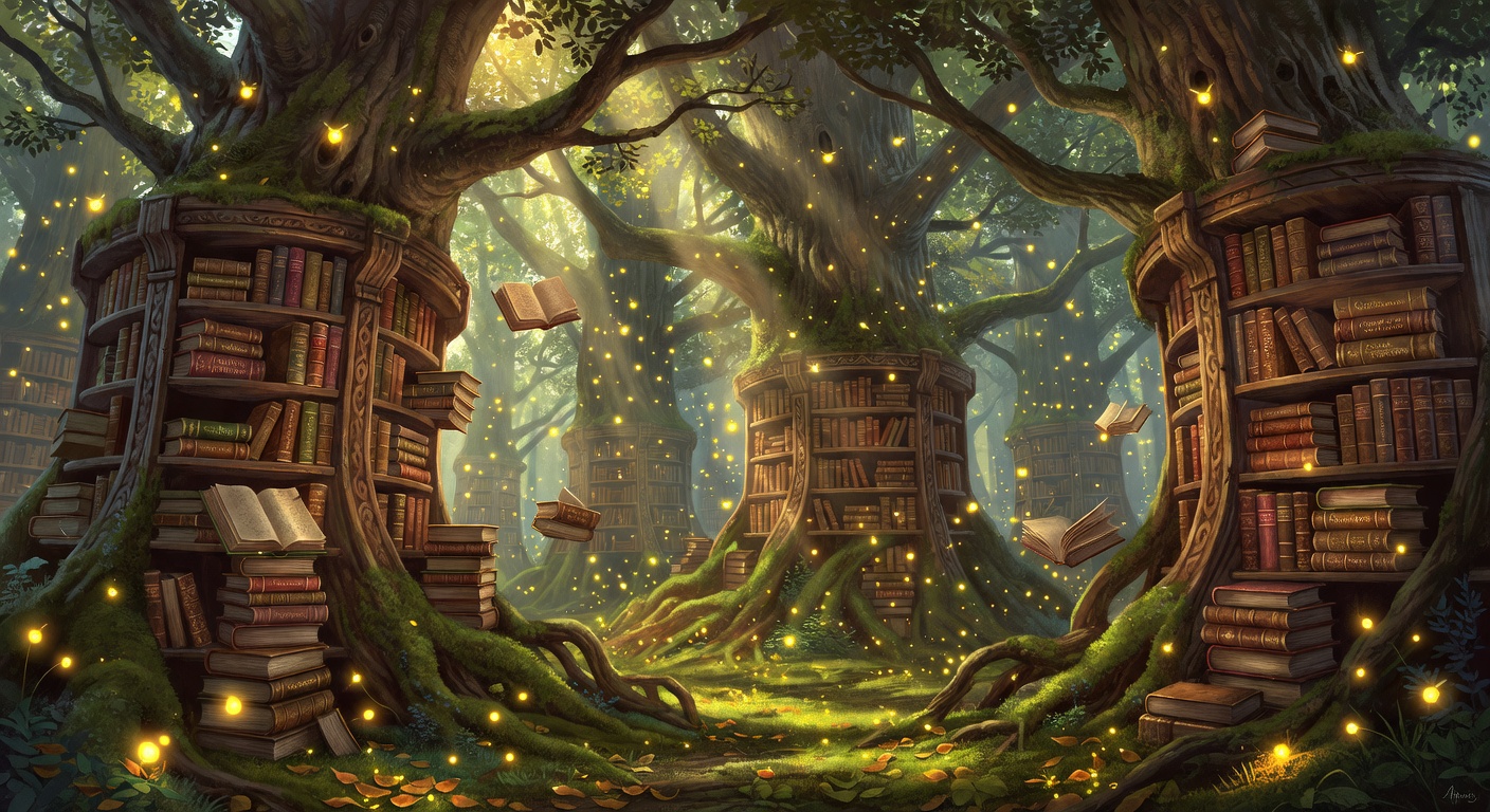 Enchanted forest library where trees are bookshelves