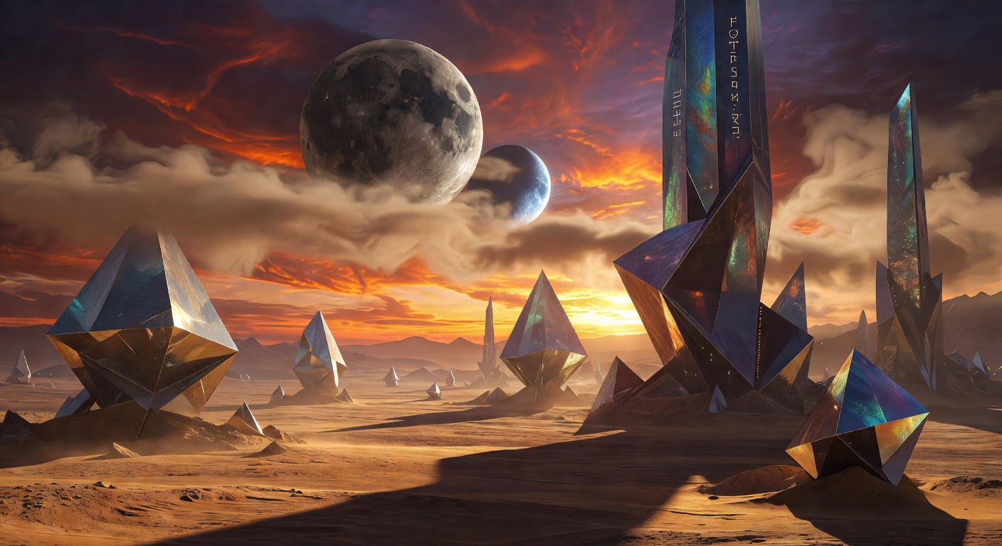Alien landscape with geometric monuments