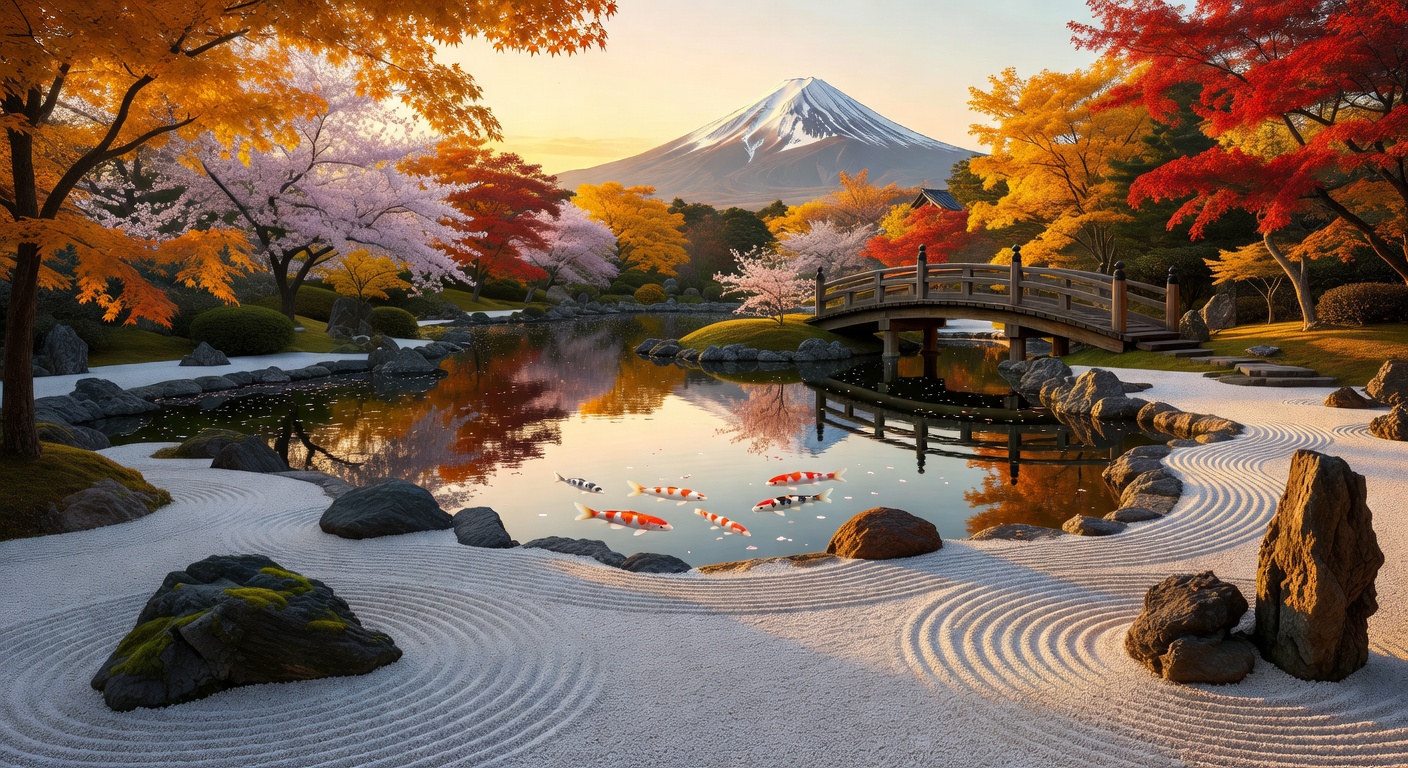 Japanese zen garden with koi pond reflecting cherry blossoms