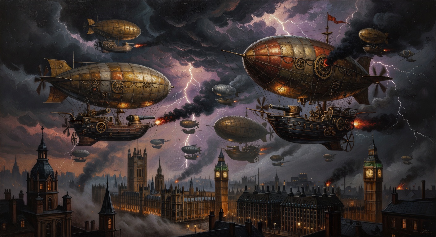 Steampunk airship battle above London